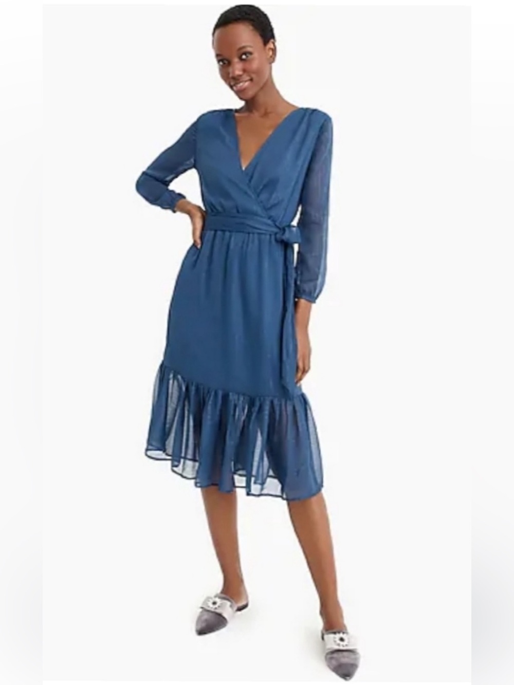 NWOT JCREW Point Sur Blue Lurex Ruffle Hem Dress Size 6